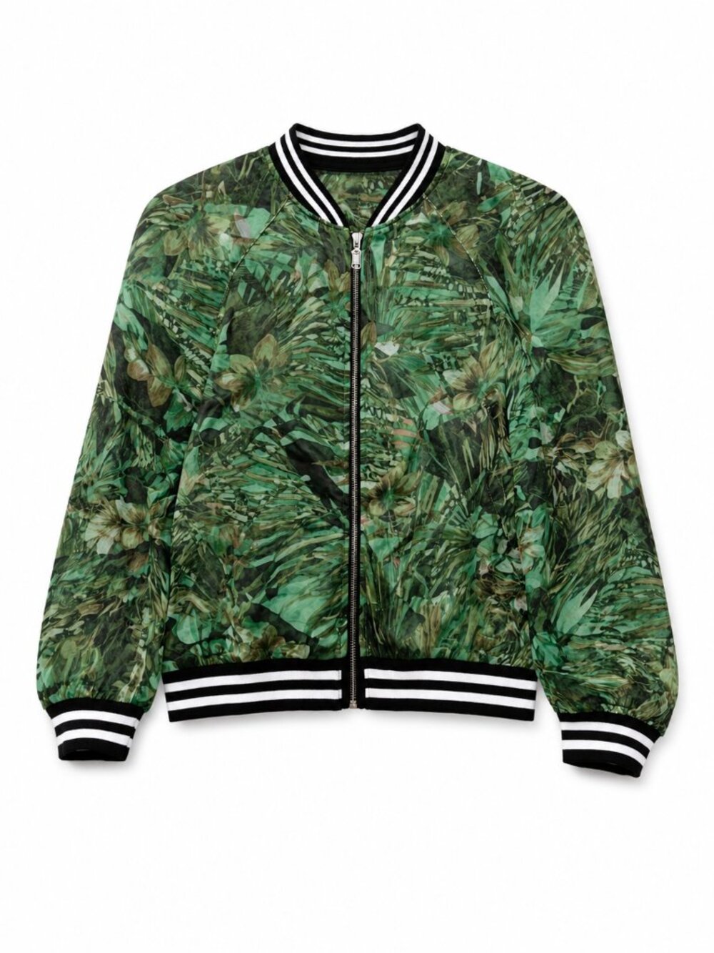 Juicy Couture Green Tropical Print Sheer Bomber Jacket